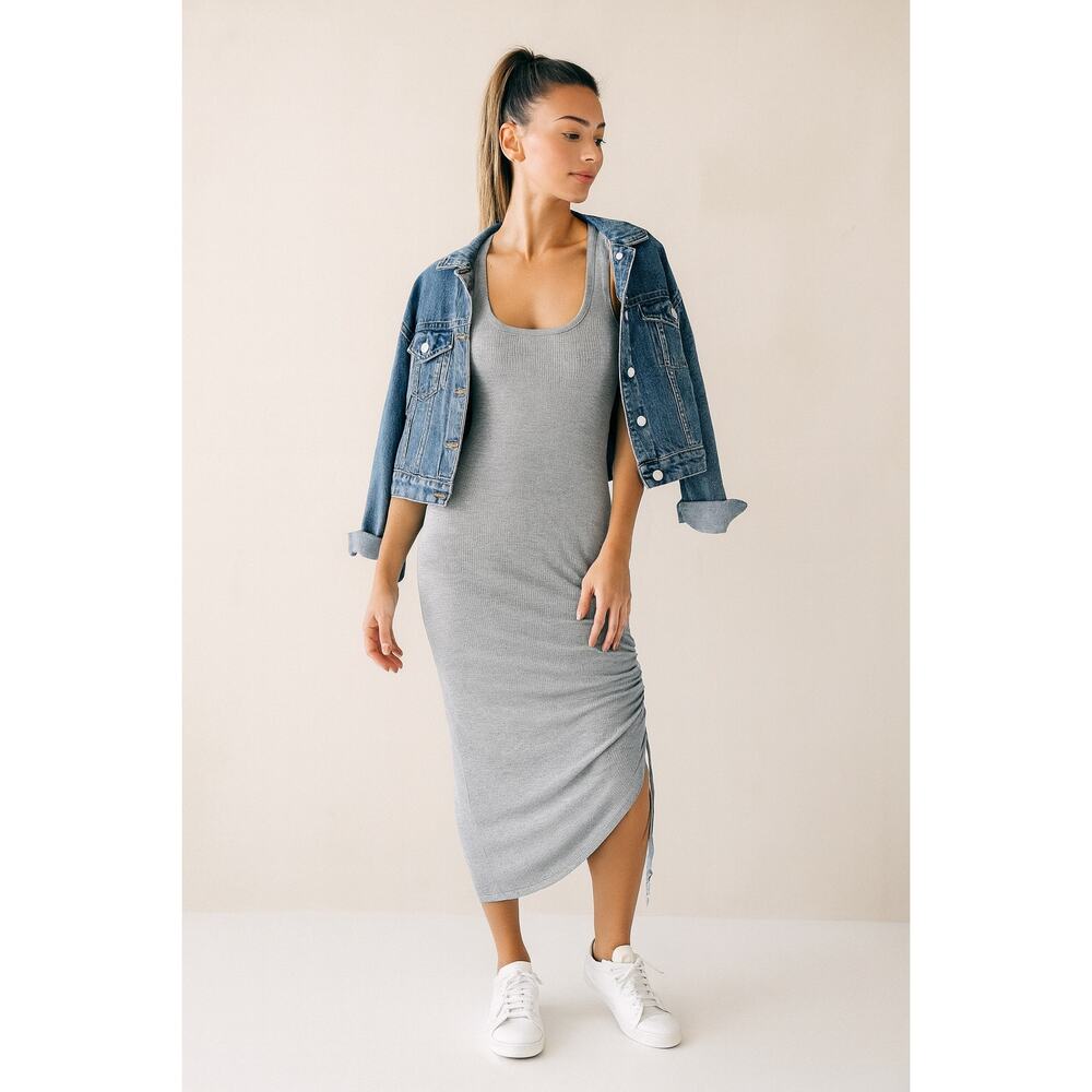 Sweaty Betty Gray Ribbed Tank Midi Dress | Racerback Side Ruched Athleisure | M